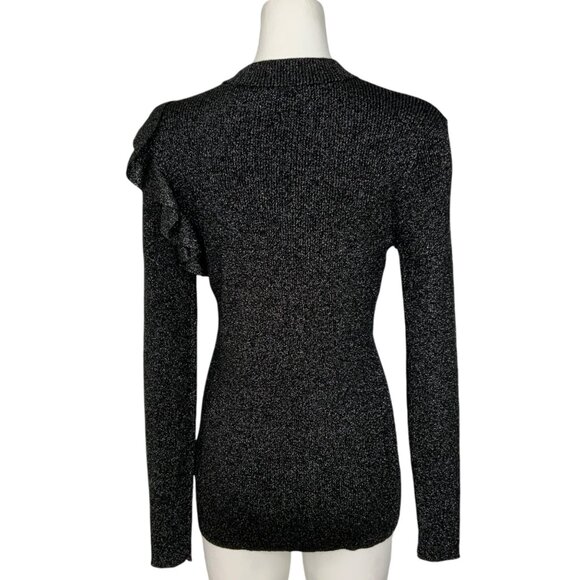 Ted Baker Addale Sweater Ted/4 US/L Silver Metallic Black Ribbed Knit Ruffle - Picture 2 of 12